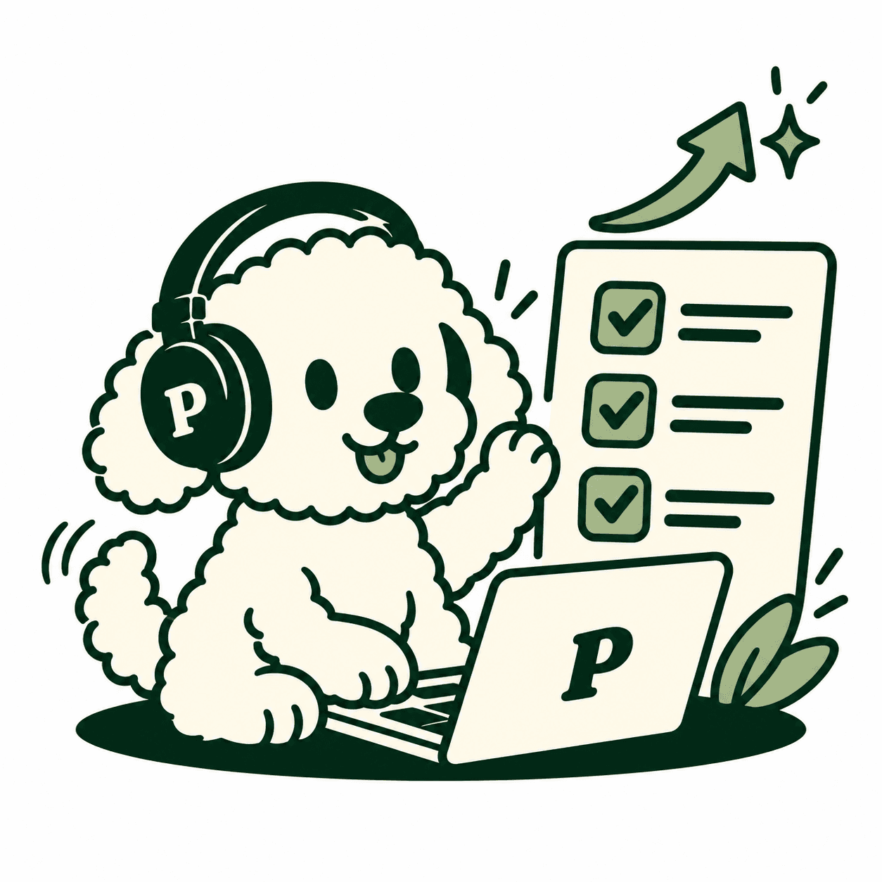 La mascota organiza una colaboración en su notebook y completa los pasos de su proyecto