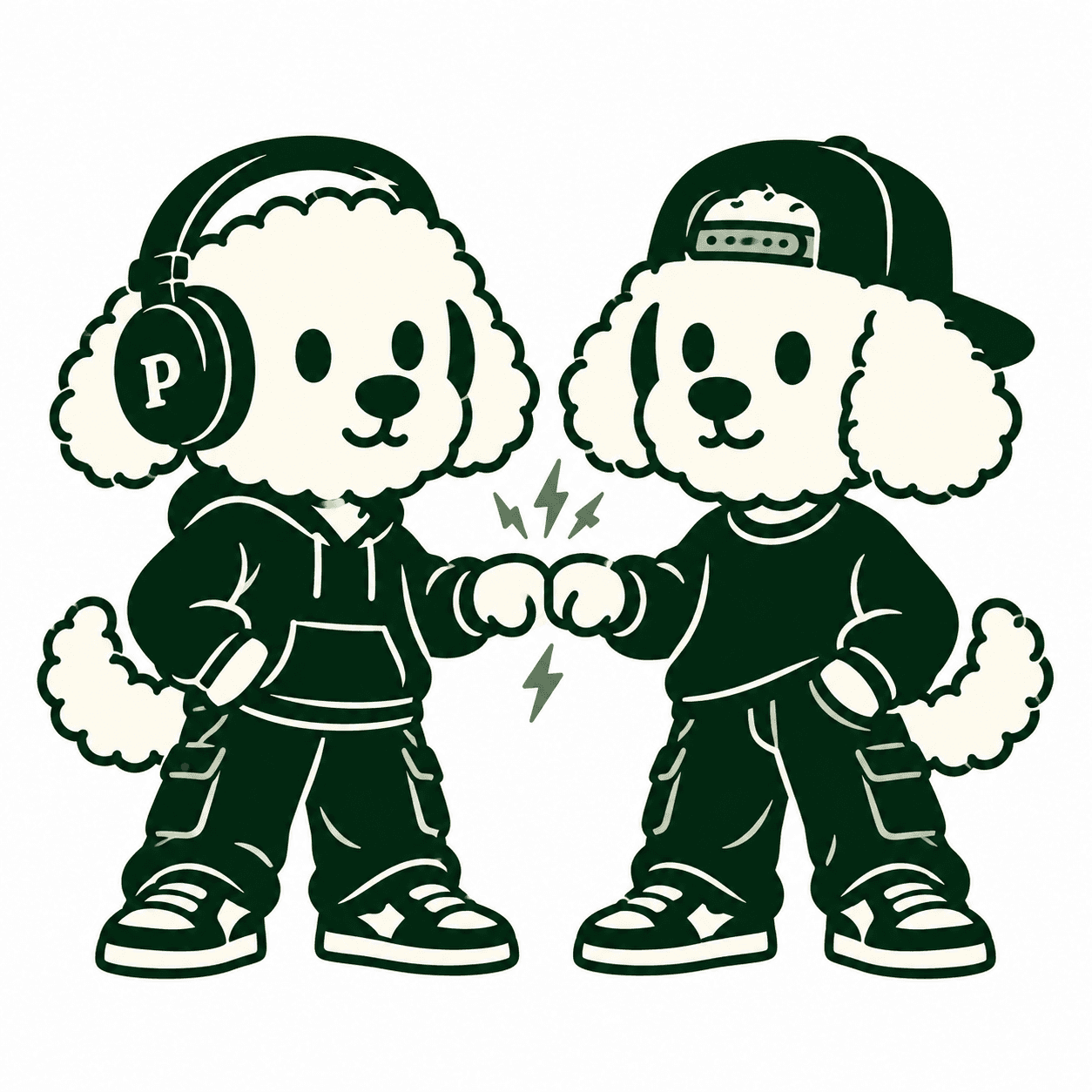 Dos caniches con auriculares y gorra chocan los puños al cerrar una colaboración