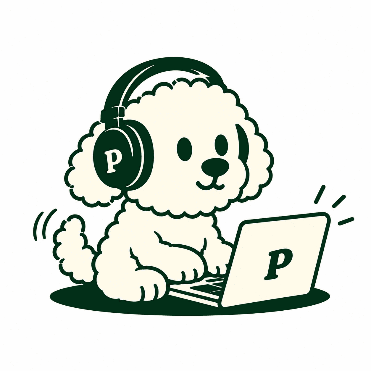 La mascota de Pooblie, un caniche con auriculares creando en su notebook